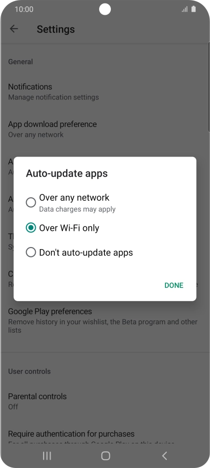 To turn on automatic update of apps using mobile network, press Over any network.