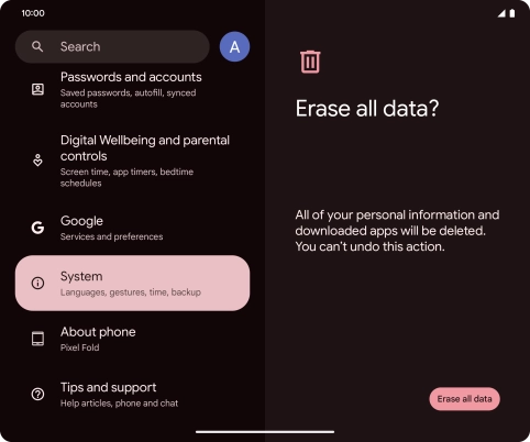 Press Erase all data. Wait a moment while the factory default settings are restored. Follow the instructions on the screen to set up your phone and prepare it for use.