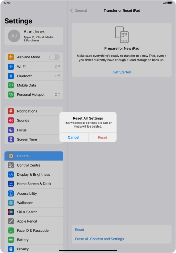 Press Reset. Wait a moment while the factory default settings are restored. Follow the instructions on the screen to set up your tablet and prepare it for use.