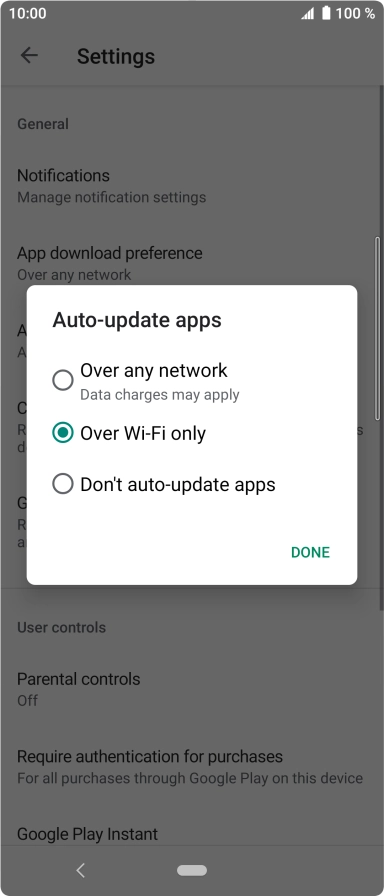 To turn on automatic update of apps using mobile network, press Over any network.