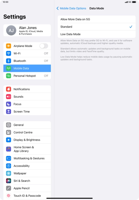 Press the required setting to turn the function on or off.