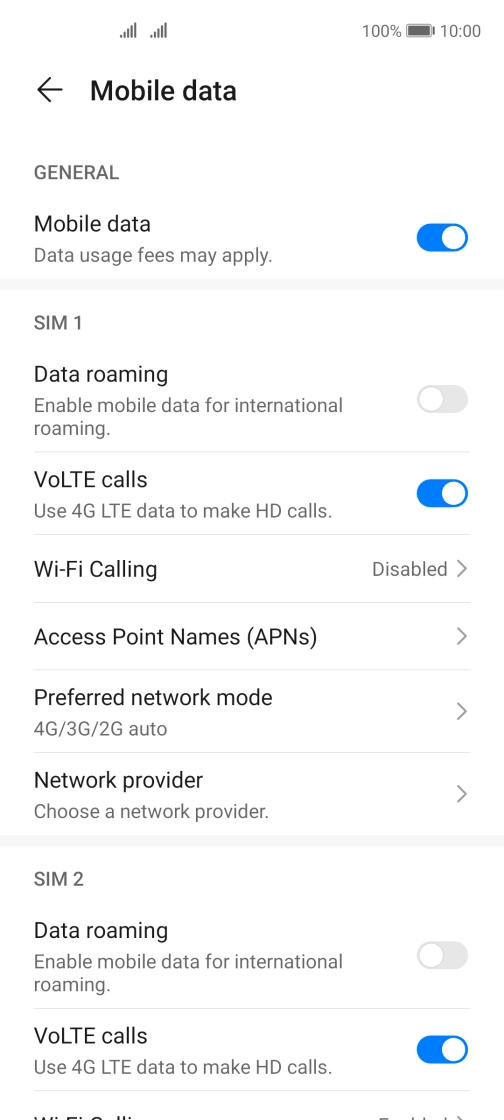 Press Access Point Names (APNs) below the required SIM.