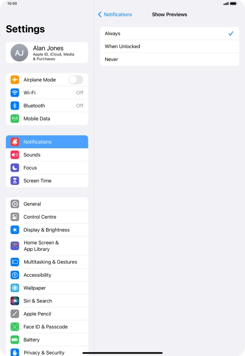 To select notification preview on the lock screen, press Always.