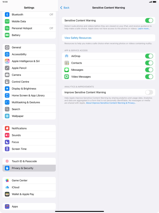 Press the indicators next to the required applications to turn the function on or off.