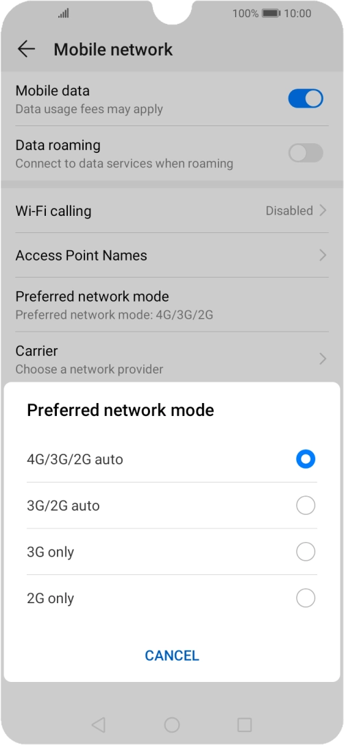 Press the required network mode.