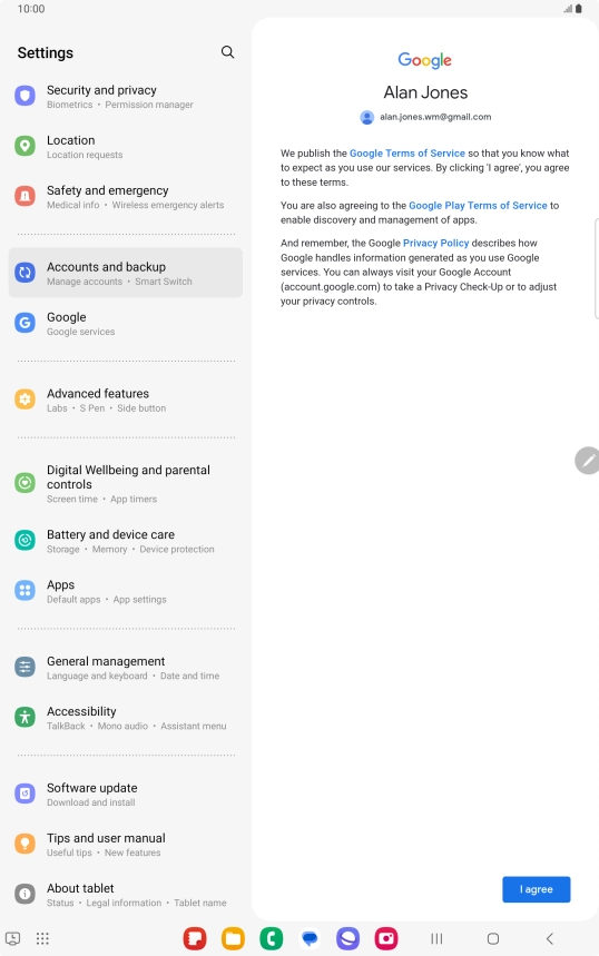 Press I agree and follow the instructions on the screen to select settings for your Google account.