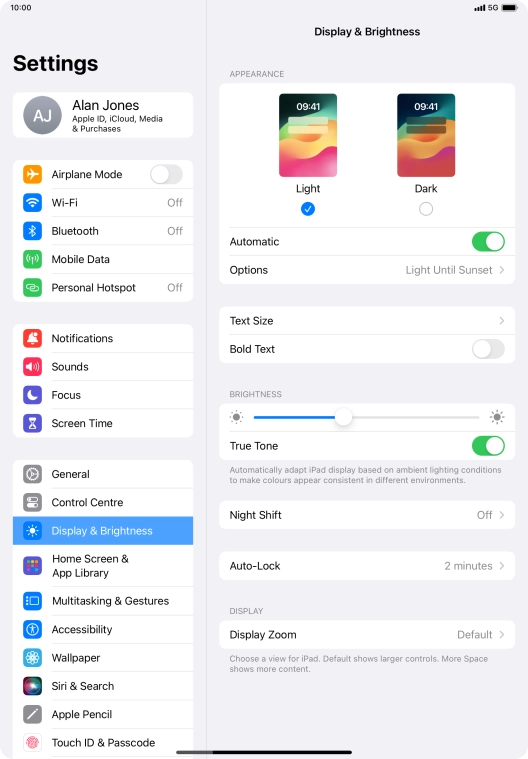 If you turn on the function, press Options and follow the instructions on the screen to select the required period of time for Dark Mode.