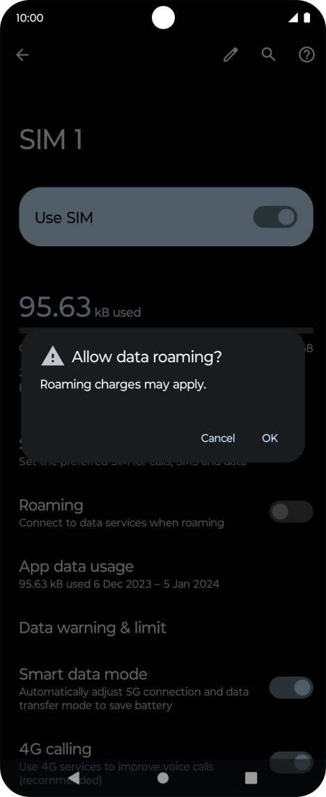 If you turn on data roaming, press OK.