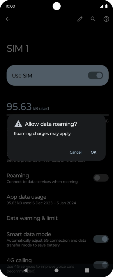 If you turn on data roaming, press OK.