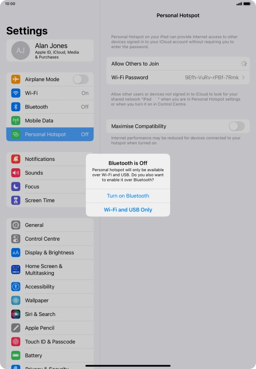 If Wi-Fi is turned on, press Wi-Fi and USB Only.
