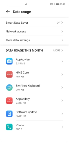 The data usage for each application is displayed below the name of the application.