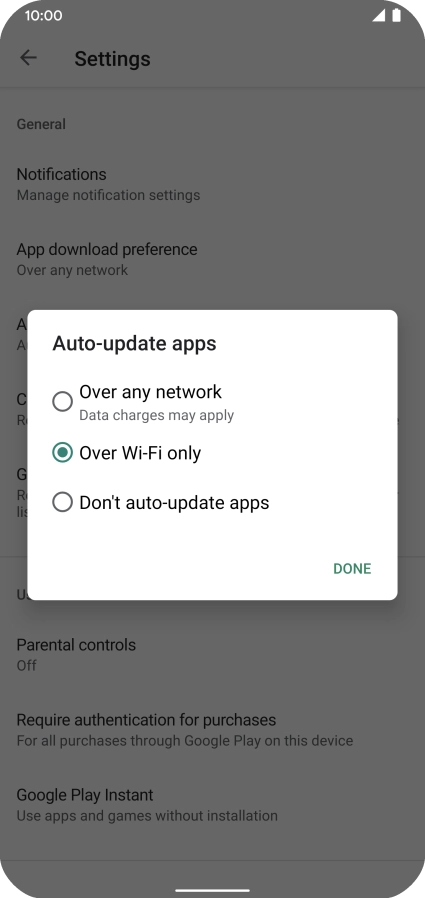 To turn on automatic update of apps using mobile network, press Over any network.