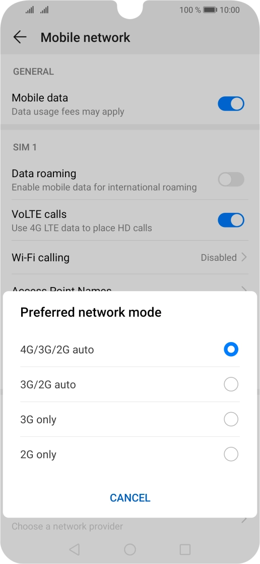 Press the required network mode.