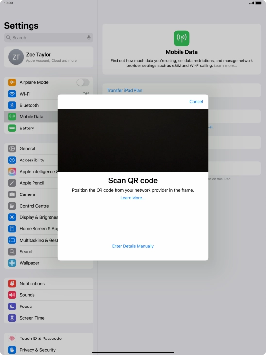 Place the QR code you've received inside the tablet camera frame to scan the code.