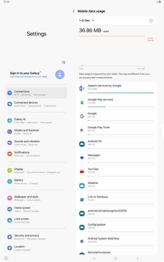 The data usage for each application is displayed below the name of the application.