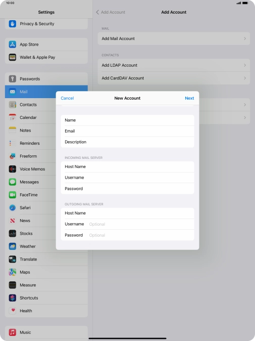 Press Username and key in the username for your email account.