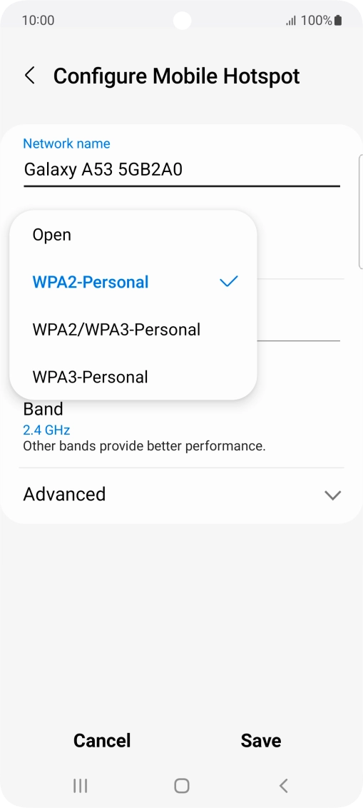 Press WPA3-Personal to password protect your Wi-Fi hotspot.