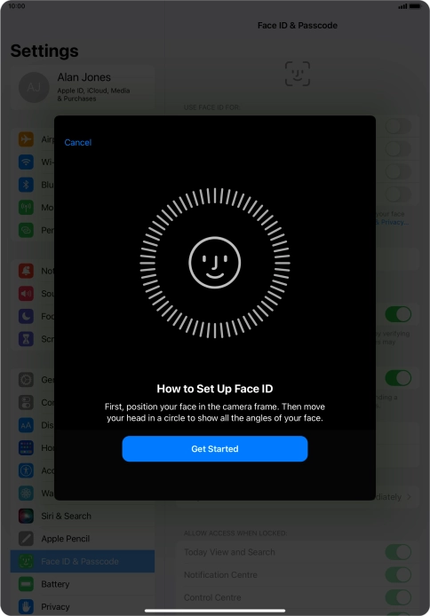 Press Get Started and follow the instructions on the screen to set up Face ID.