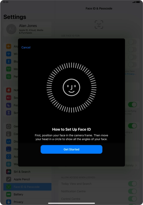 Press Get Started and follow the instructions on the screen to set up Face ID.