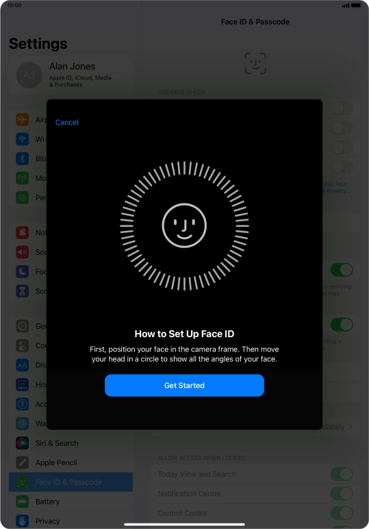 Press Get Started and follow the instructions on the screen to set up Face ID.