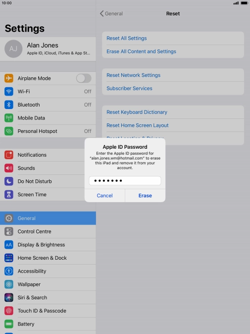 Key in the password for your Apple ID and press Erase. Wait a moment while the factory default settings are restored. Follow the instructions on the screen to set up your tablet and prepare it for use.