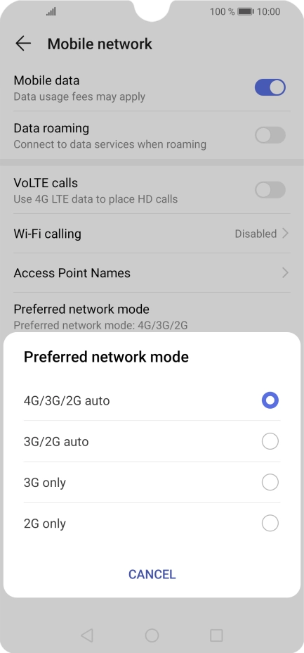 Press the required network mode.
