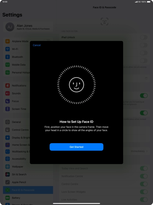 Press Get Started and follow the instructions on the screen to set up Face ID.