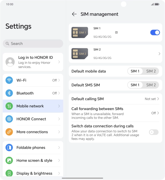 Press the indicator next to the required SIM to turn use of the SIM on or off.