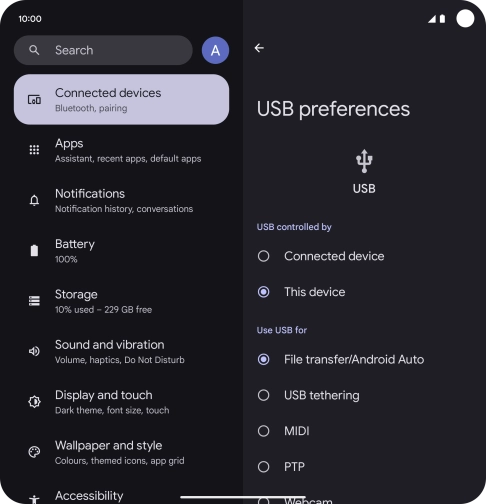 Press File transfer/Android Auto.