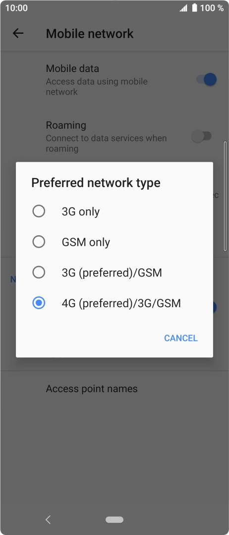 Press the required network mode.