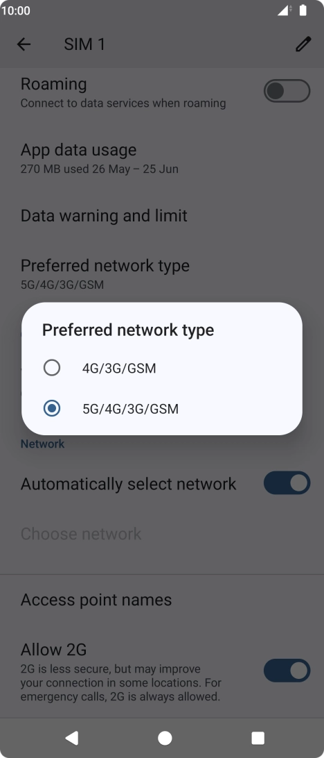 Press the required network mode.