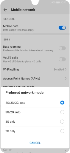 Press the required network mode.