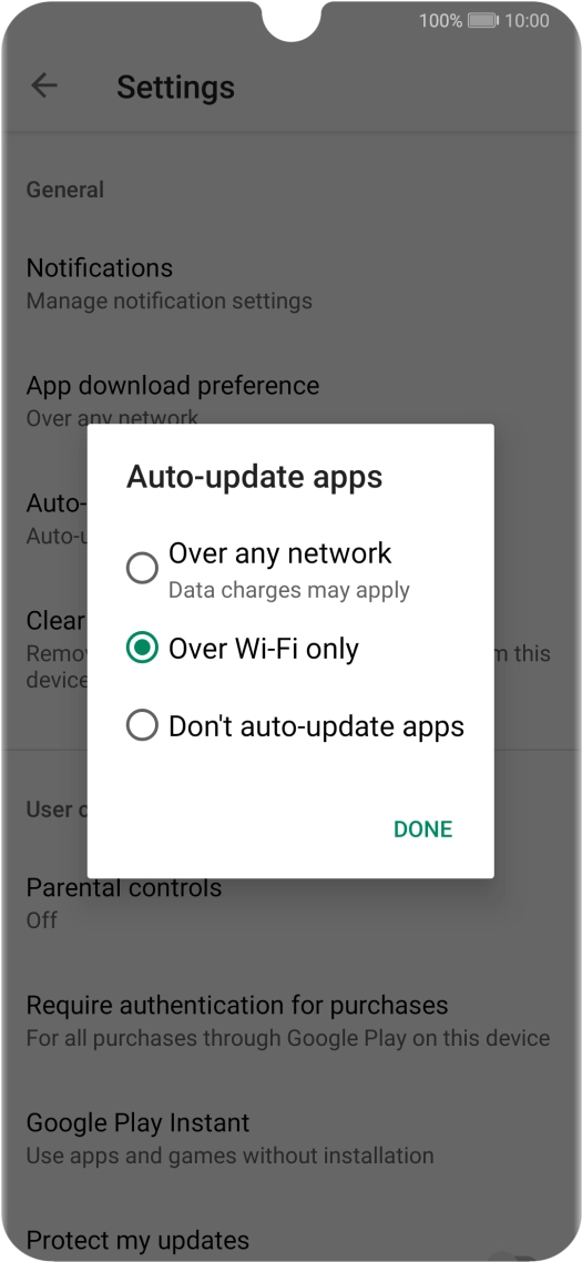 To turn on automatic update of apps using mobile network, press Over any network.