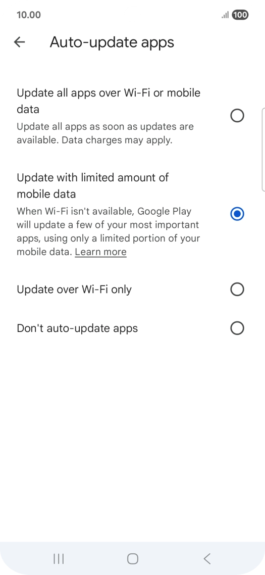 To turn on automatic update of apps using mobile network, press Update all apps over Wi-Fi or mobile data.