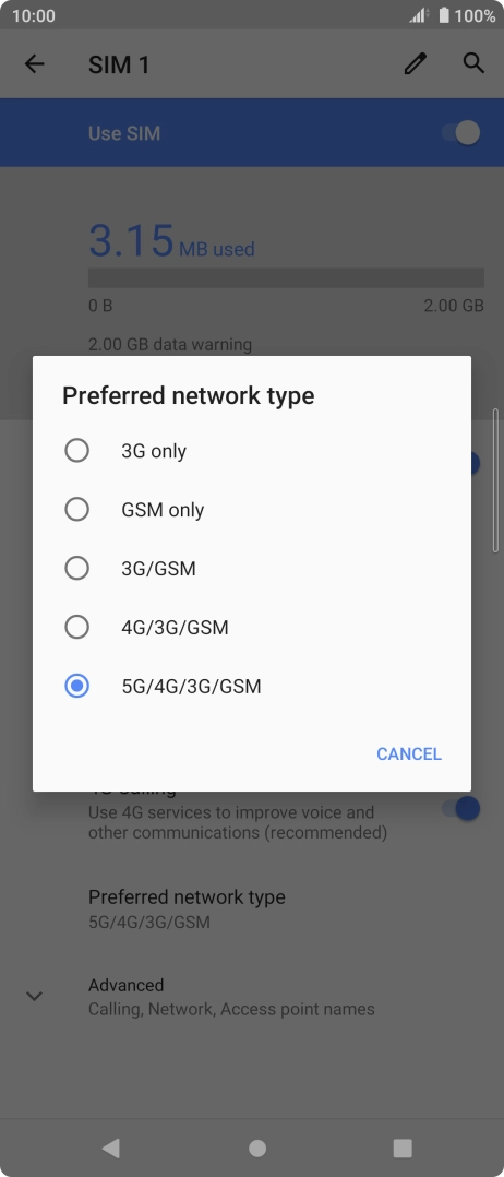 Press the required network mode.