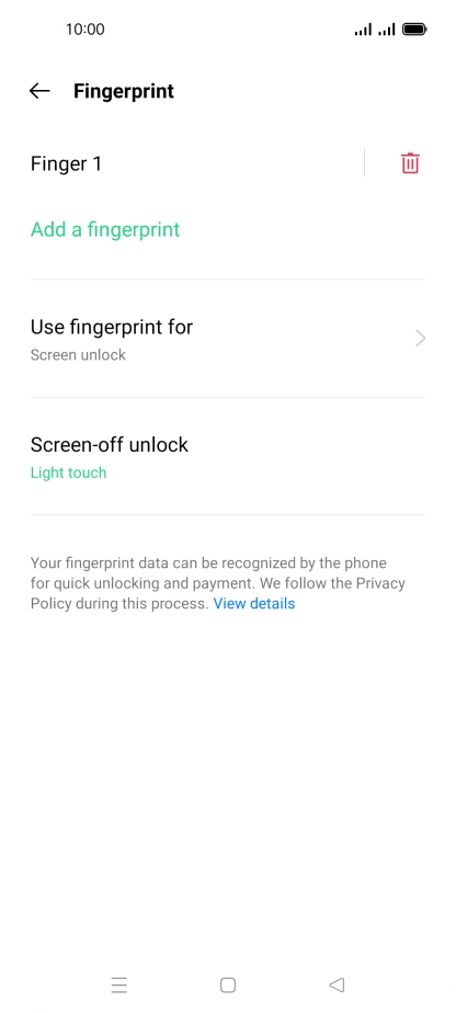 Press the delete icon next to the required fingerprint.