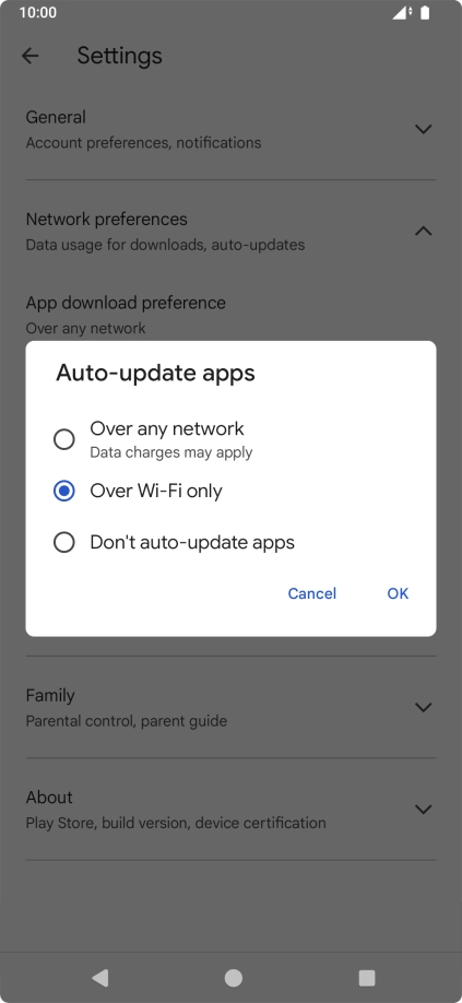To turn on automatic update of apps using mobile network, press Over any network.