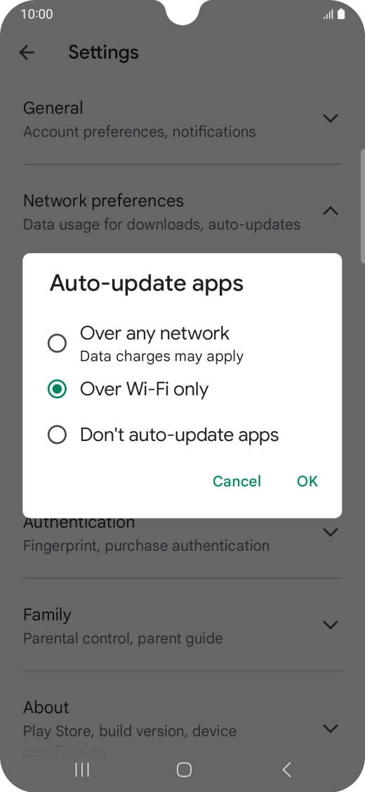 To turn on automatic update of apps using mobile network, press Over any network.