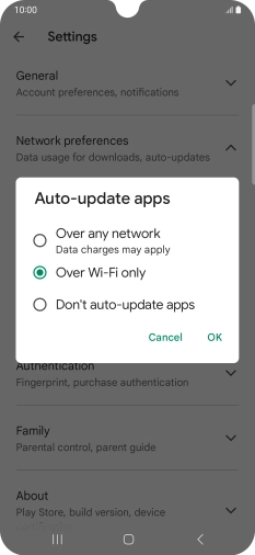 To turn on automatic update of apps using mobile network, press Over any network.