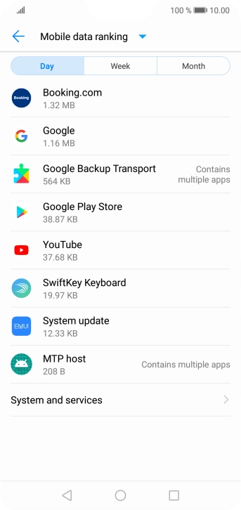The data usage for each application is displayed below the name of the application.