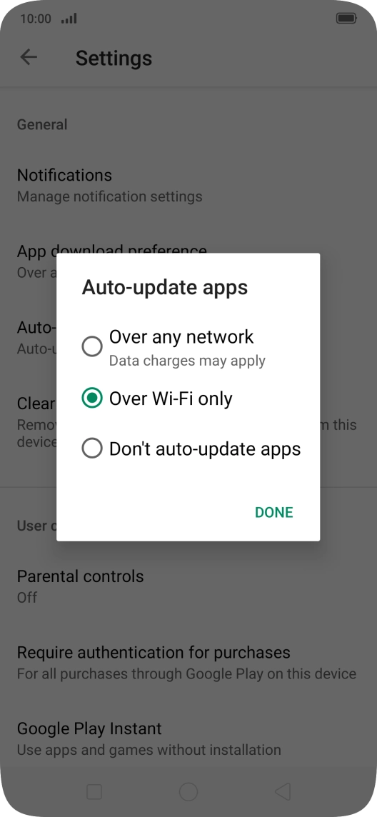 To turn on automatic update of apps using mobile network, press Over any network.