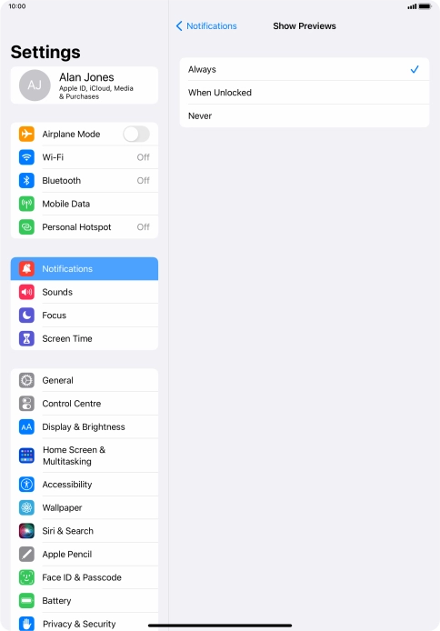 To select notification preview on the lock screen, press Always.