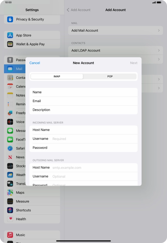 Press Username and key in the username for your email account.