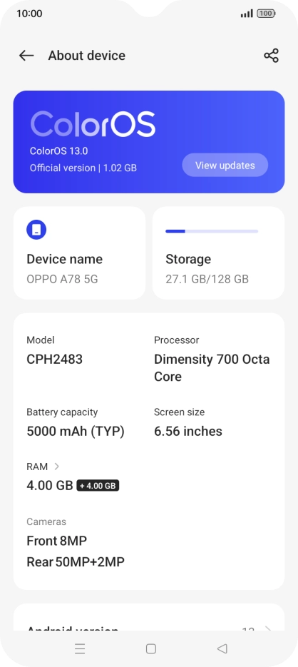 Press ColorOS. If a new software version is available, it's displayed. Follow the instructions on the screen to update the phone software.