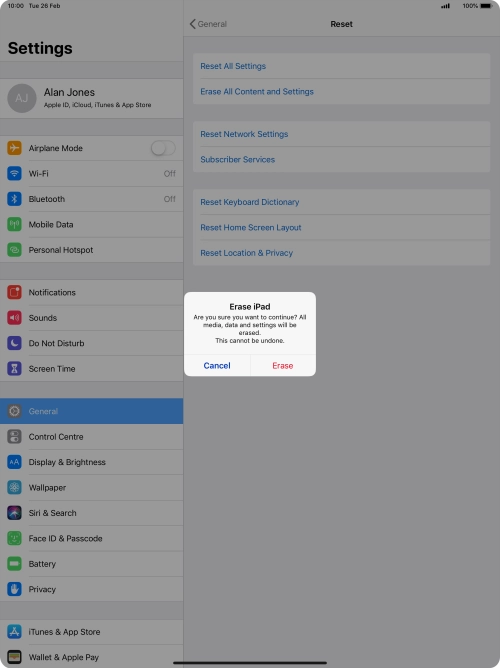 Press Erase. Wait a moment while the factory default settings are restored. Follow the instructions on the screen to set up your tablet and prepare it for use.