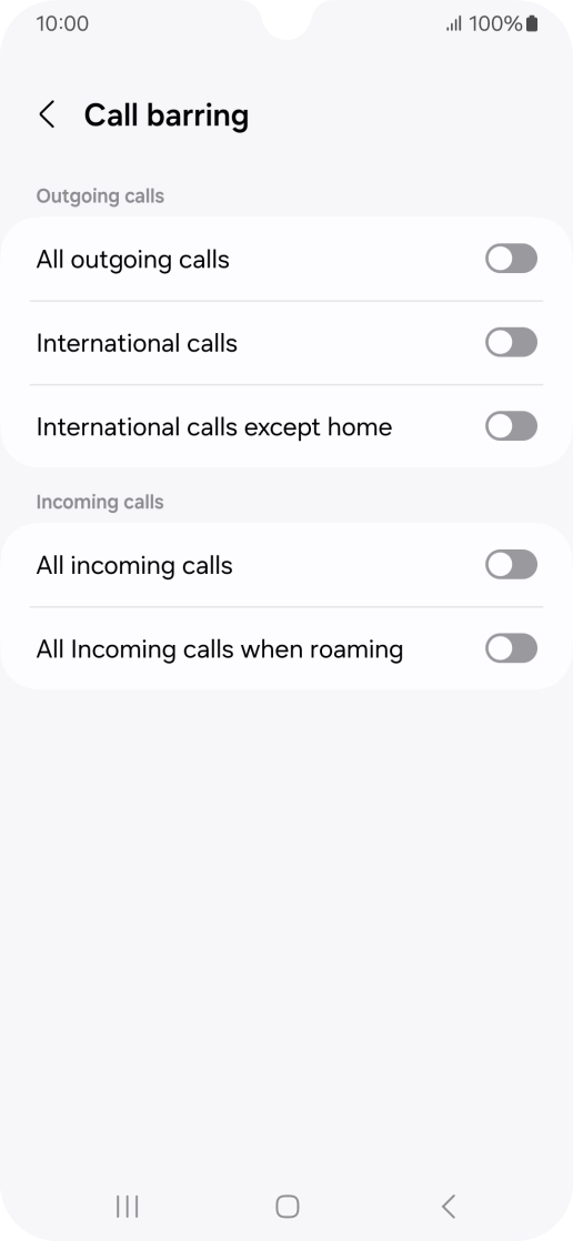 Press the indicator next to the required barring type to turn the function on or off.