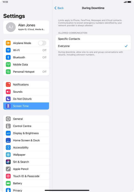 Press the required setting.