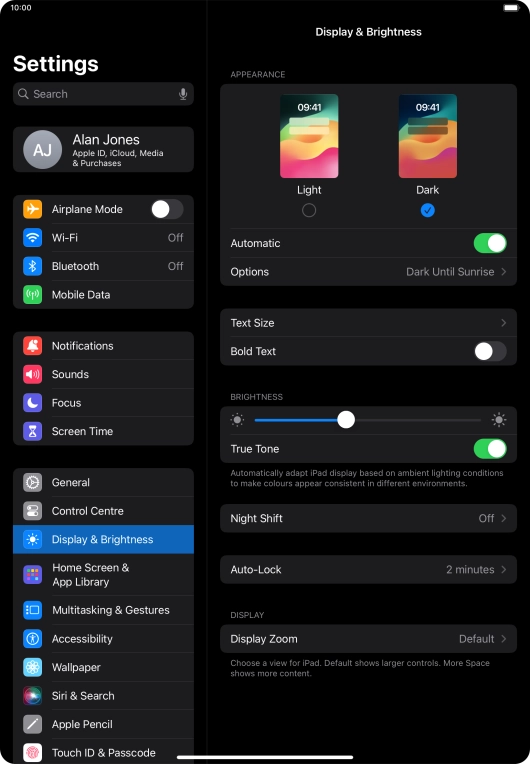 If you turn on the function, press Options and follow the instructions on the screen to select the required period of time for Dark Mode.