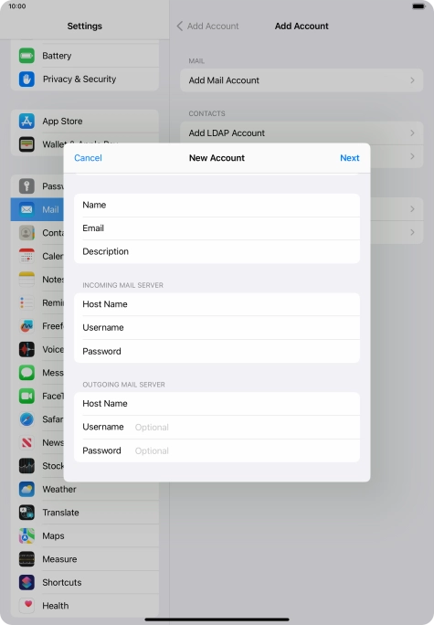 Press Username and key in the username for your email account.