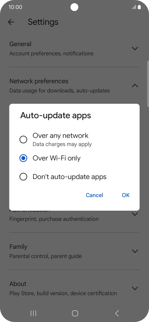 To turn on automatic update of apps using mobile network, press Over any network.